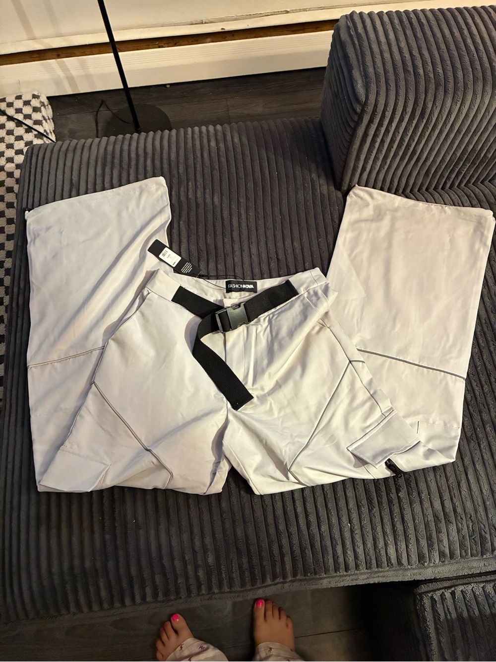 Fashion Nova Light Gray Track Joggers with Black Web Belt